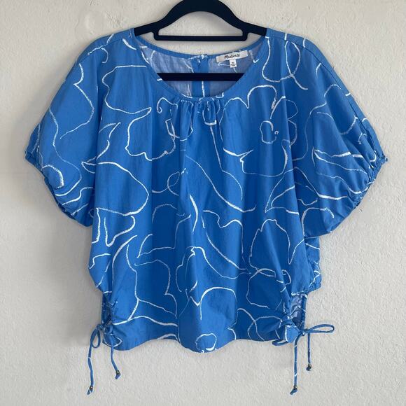 Madewell Embroidered Poplin Puff-Sleeve Cutout Crop Top Oranamental Blue Size XL - Picture 4 of 8